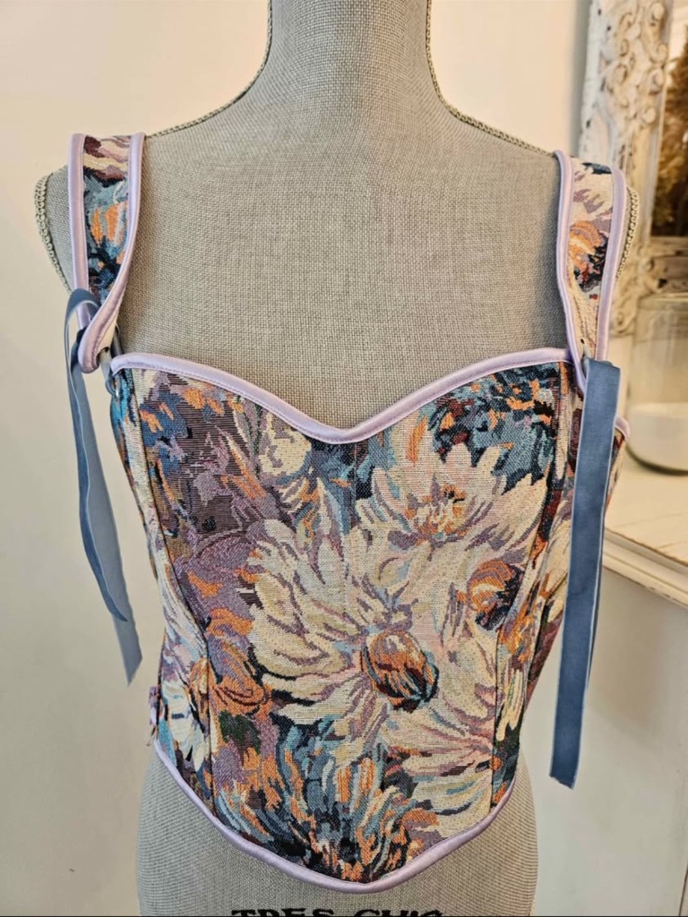 Floral Tapestry Corset Top in Lavender Blue